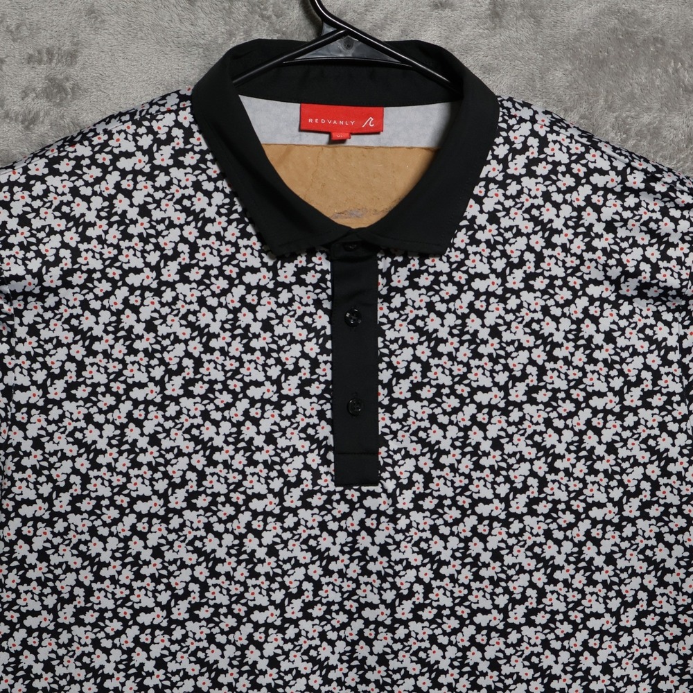 Redvanly Polo Shirt Mens XL Black White Red Floral Golf Performance Preppy